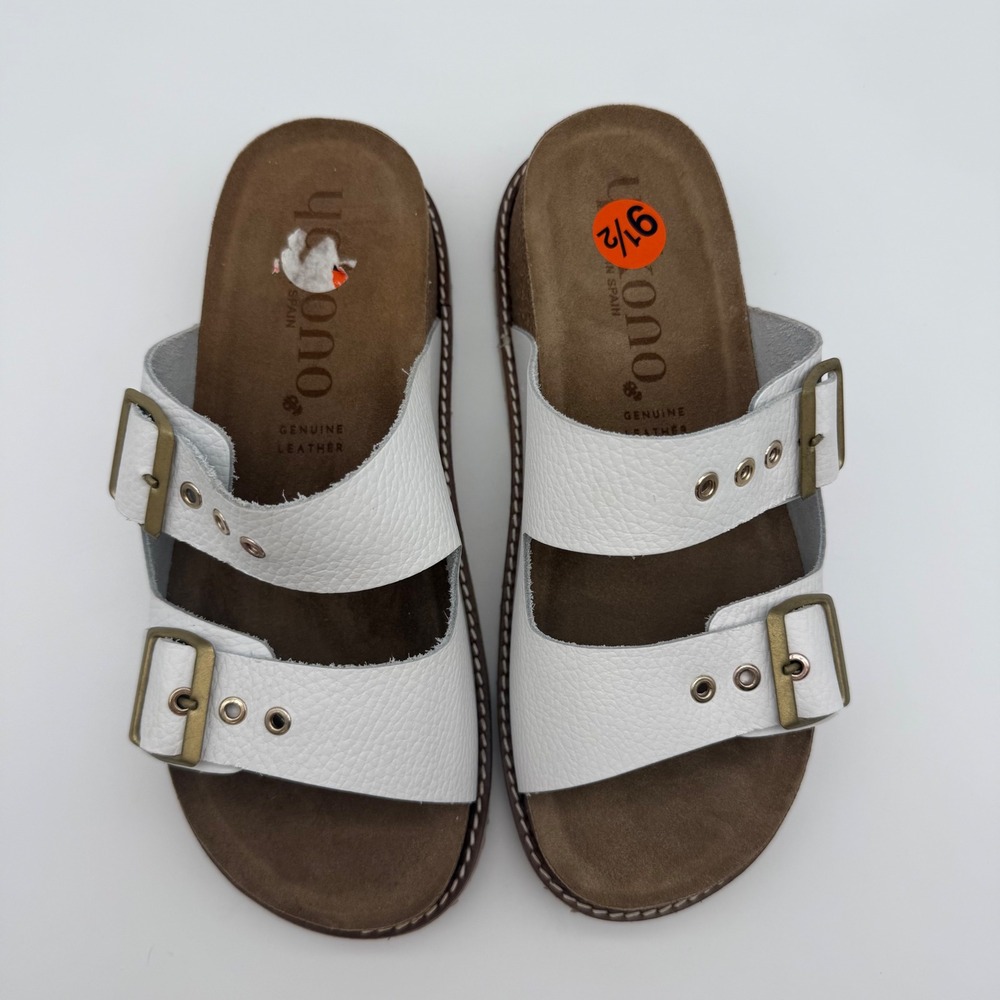 NWOT Yokono Women's 9.5 White Genuine Leather Double Buckle Slide Sandals